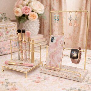 Set of 2 Marble-Pattern Gold Tone Metal Organizers Stand Display NEW